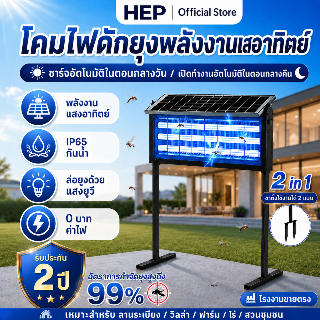 HEP เครื่องดักยุง เครื่องดักยุงไฟฟ้า 10000V ไฟโซล่าเซลล์ ไฟดักยุงโคมดักยุง 360° เครื่องช็อตยุง ที่ดักยุ