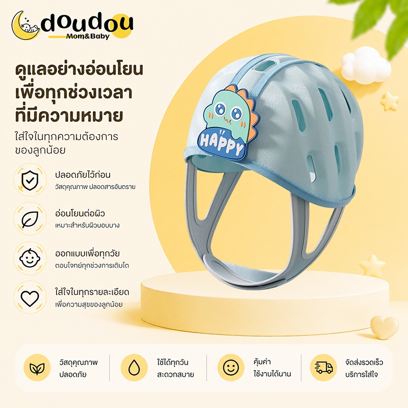 doudou น้ำหนักเพียง 100 กรัม หมวกกันกระแทกสำหรับเด็ก ป้องกันรอบทิศทาง 360 องศา กันกระแทกสองชั้น เหมาะกับทารกทุกวัย