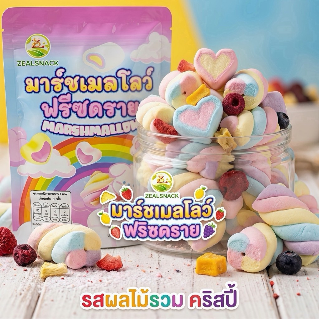 มาร์ชเมลโลว์ฟรีซดรายขนาดพกพาสะดวก 80 กรัม หลากหลายรูปทรง สีสันสดใส กรอบฟินอร่อยละลายในปาก ขนมที่ทุกบ้านต้องมี