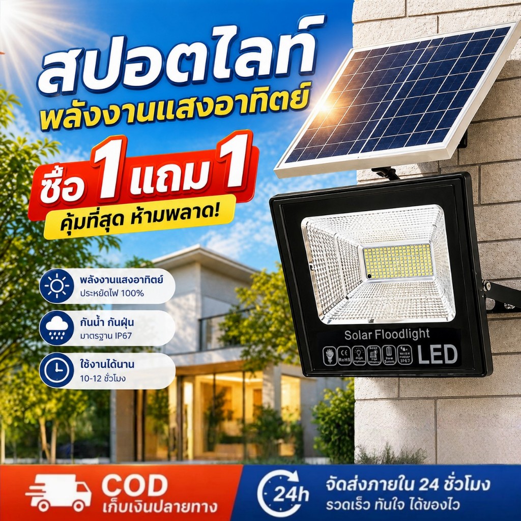 🔥 ซื้อ 1 แถม 1 🔥  ไฟถนนพลังงานแสงอาทิตย์ 1000000W, กันน้ำ IP67, ไฟสปอตไลท์พลังงานแสงอาทิตย์แบบอัตโนมัติสำหรับลานสวน ฯลฯ