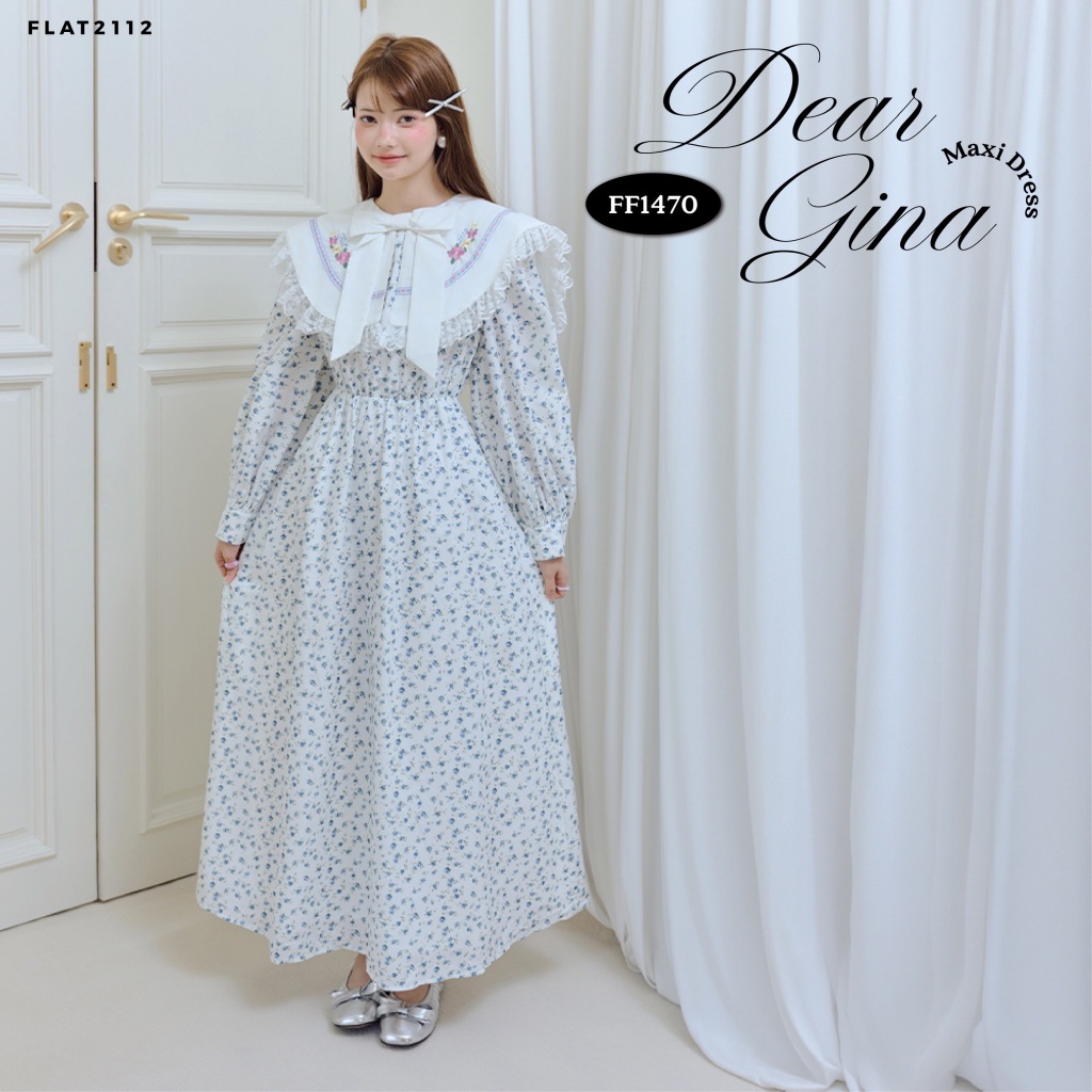 FLAT2112 : DEAR GINA MAXI DRESS เดรสยาวลายดอกไม้สีขาว เดรสคอปกใหญ่ปักลาย เดรสโบว์ขาวอันใหญ่ เดรสลูกคุณหนูหรู (FF1470)