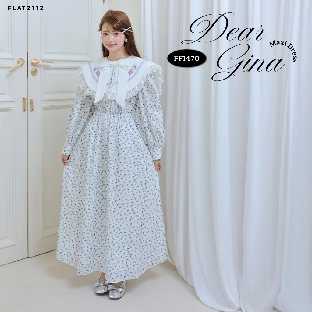 FLAT2112 : DEAR GINA MAXI DRESS เดรสยาวลายดอกไม้สีขาว เดรสคอปกใหญ่ปักลาย เดรสโบว์ขาวอันใหญ่ เดรสลูกคุณหนูหรู (FF1470)