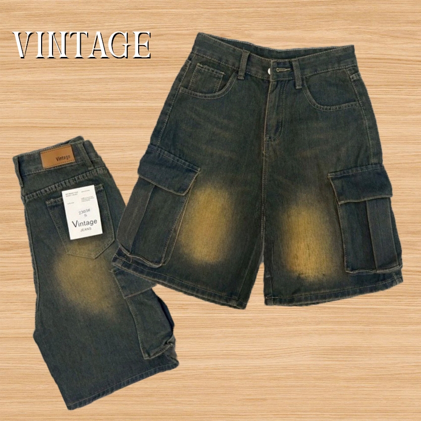 Vintage รุ่น 2303 กางเกงยีนส์ ขาสั้น คาร์โก้ แต่งเฟดขา ทรงสวย ผ้าไม่ยืด กระเป๋าตรง 2 ใบ