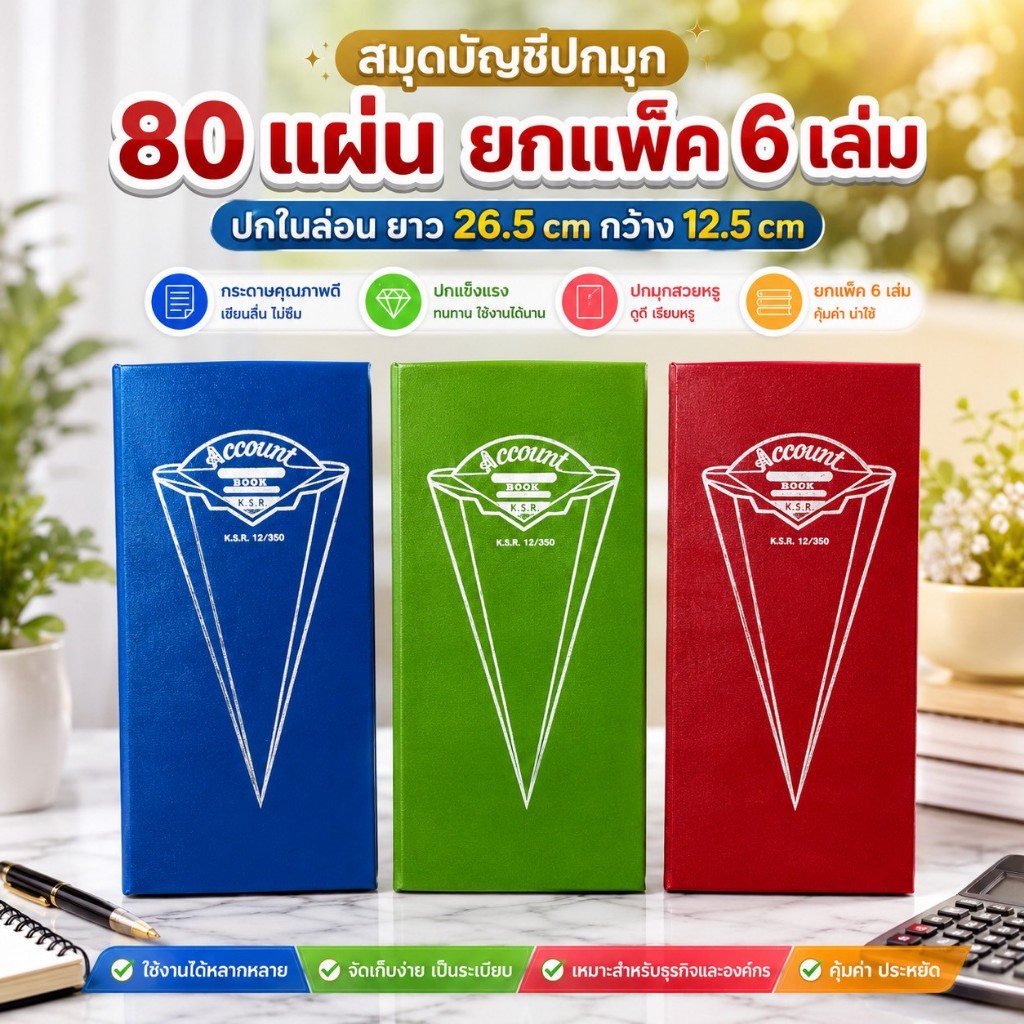 📚 สมุดบัญชีปกมุก 80 แผ่น: ยกแพ็ค 6 เล่ม สุดคุ้ม! ขนาด 26 x 12.5 ซม มีให้เลือก 3 สี