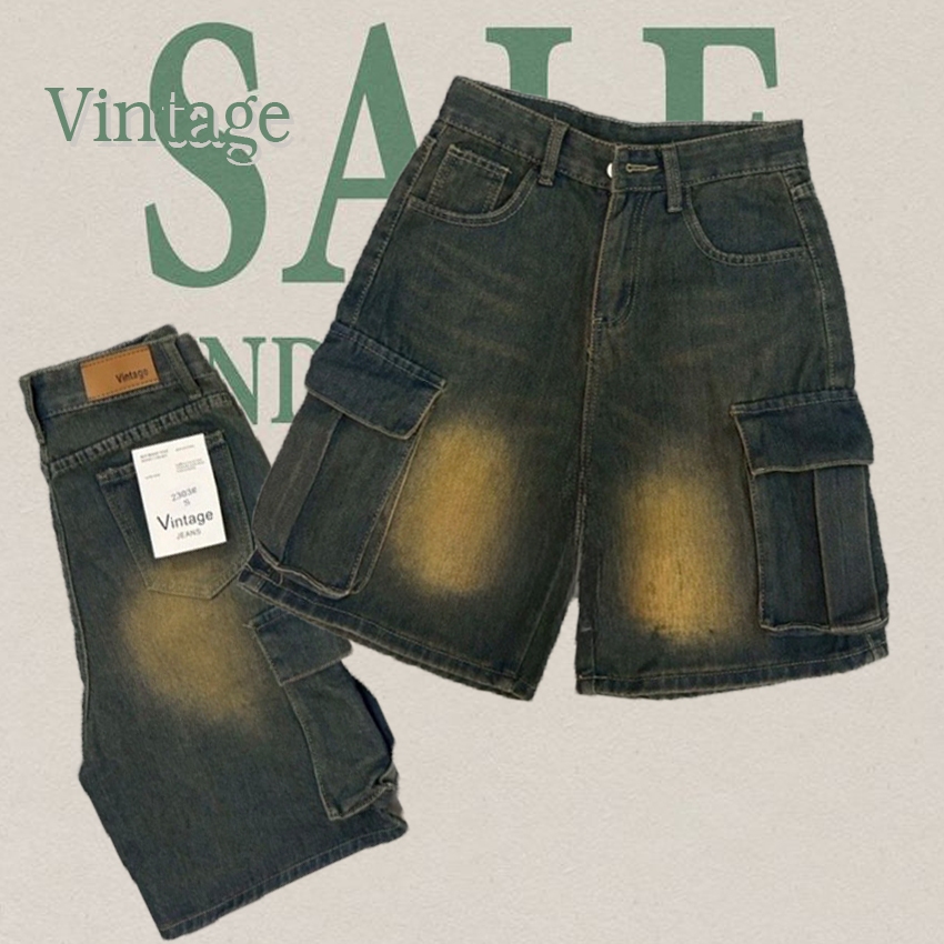 Vintage รุ่น 2303 กางเกงยีนส์ ขาสั้น คาร์โก้ แต่งเฟดขา ทรงสวย ผ้าไม่ยืด กระเป๋าตรง 2 ใบ