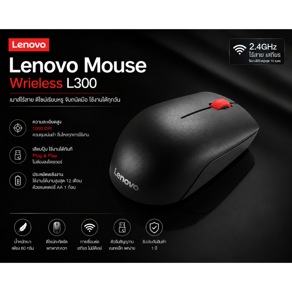 #เม้าส์ไร้สาย Lenovo Essential Compact Wireless Mouse L300 ของแท้ 💯