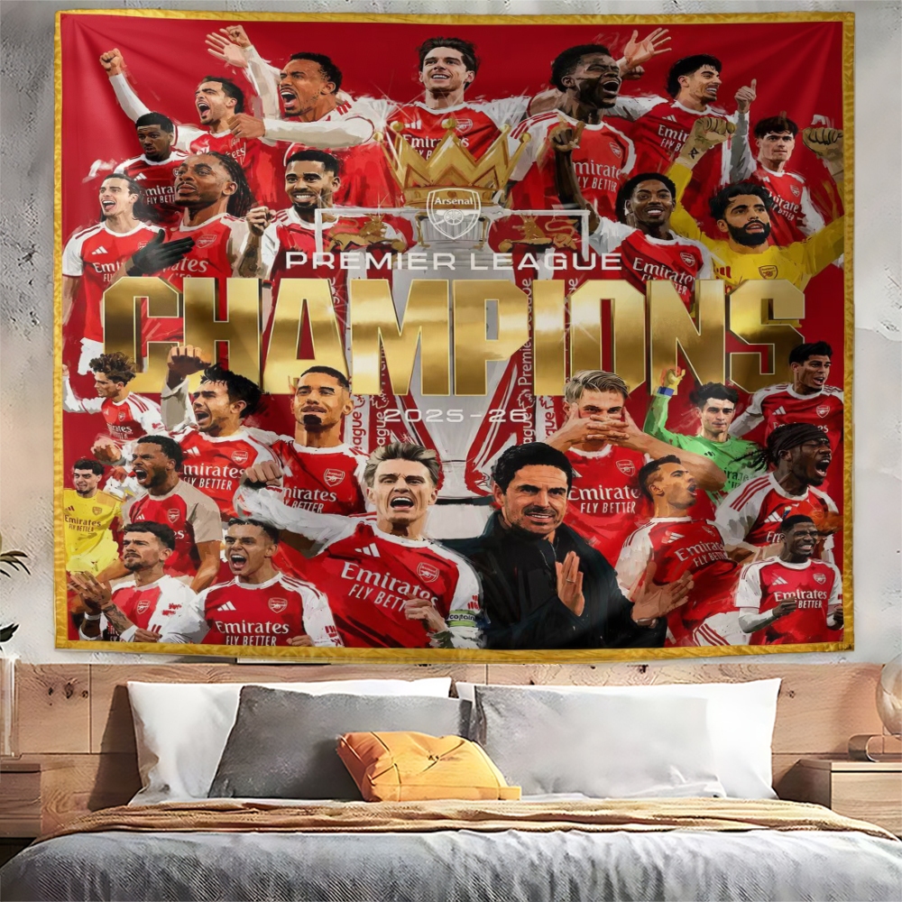 ผ้าแขวนผนังลายโลโก้ปืนใหญ่ของสโมสรฟุตบอลอาร์เซนอล ทีมฟุตบอลพรีเมียร์ลีก ภาพช่วงเวลาการแข่งขัน ทำจากโพลีเอสเตอร์ทนทาน เหม