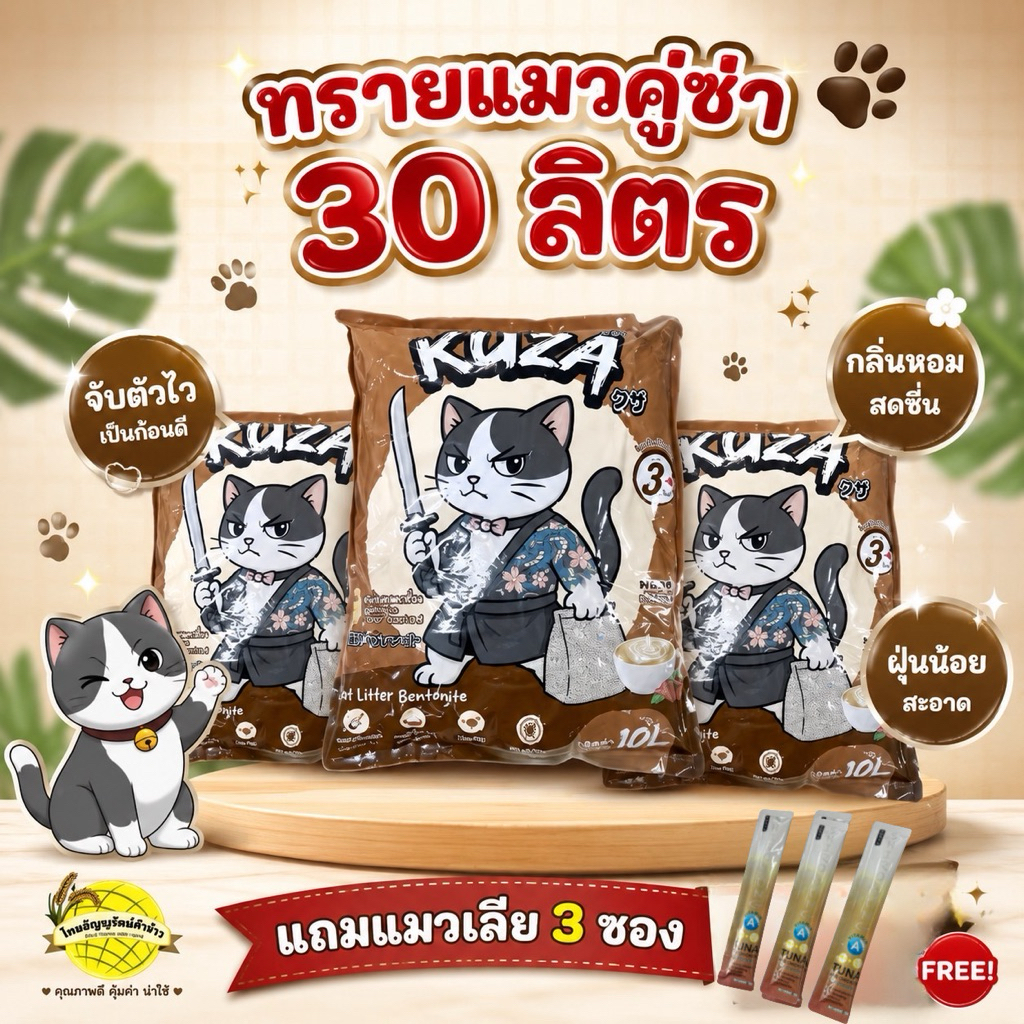 ทรายเเมวคูซ่า(KUZA)ทรายแมวอนามัยชนิดเบนโทไนท์ขนาด30ลิตรกลิ่นมอคค่า10ลิตร3ถุงกลบกลิ่นได้ดีกลิ่นหอมฝุ่นน้อย(เเมวเลีย3ชิ้น)