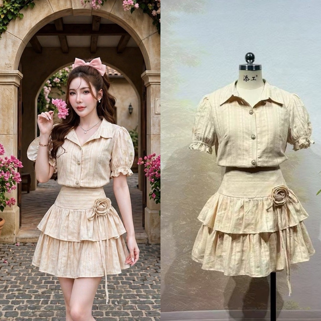 (ปกติ .5 ลงได้) ชุดเซตกระโปรง เสื้อ+กระโปรงชั้นๆ สีครีม งานป้าย jusmint
