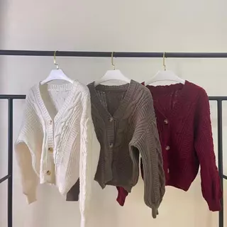 เสื้อคาร์ดิแกนสั้นถักไหมพรมคอวีทรงหลวมสำหรับผู้หญิงรุ่นใหม่ รุ่น3017