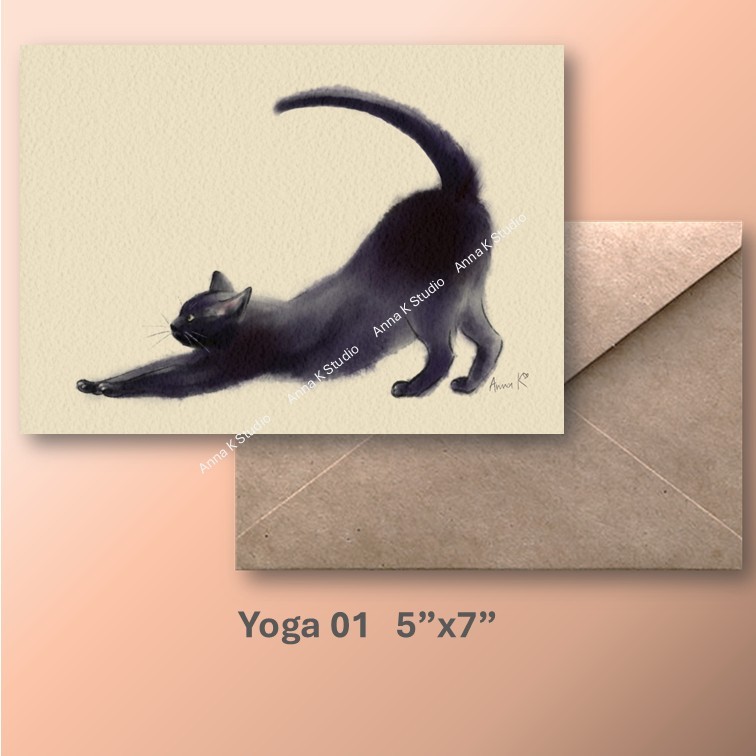 การ์ดแมวโยคะ 5" x 7” Minimalistic Watercolor Art Card + Envelop (การ์ดพร้อมซอง)