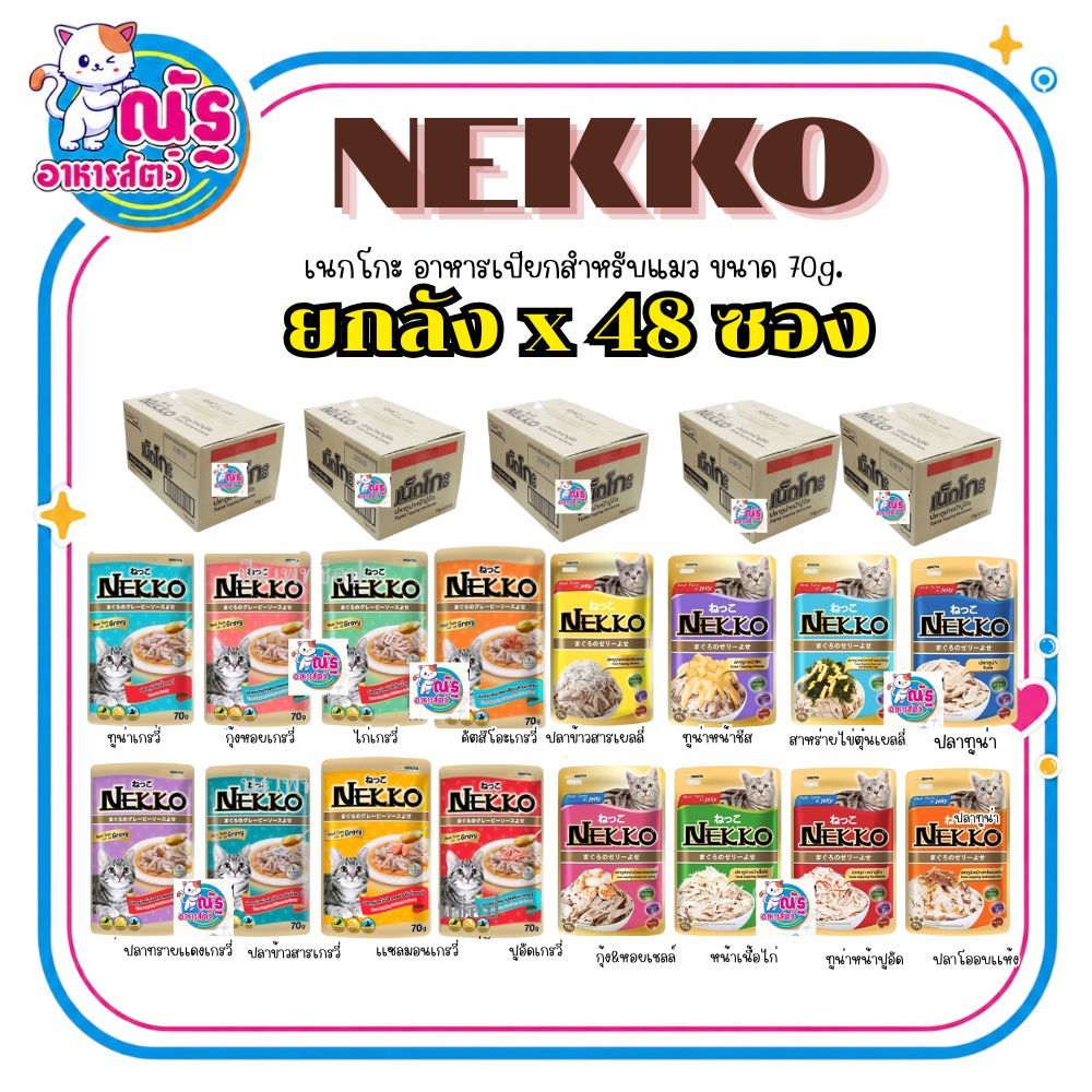 (ยกลัง) Nekko อาหารแมว เน็กโกะ แบบเปียก 70 g. (โหล 48 ซอง)