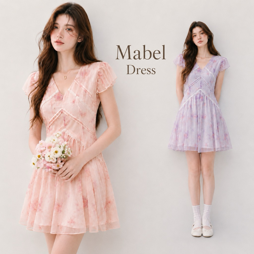 DR0612 LABELLE รุ่น Mabel cute Dress เดรสสั้นน่ารัก สีละมุน