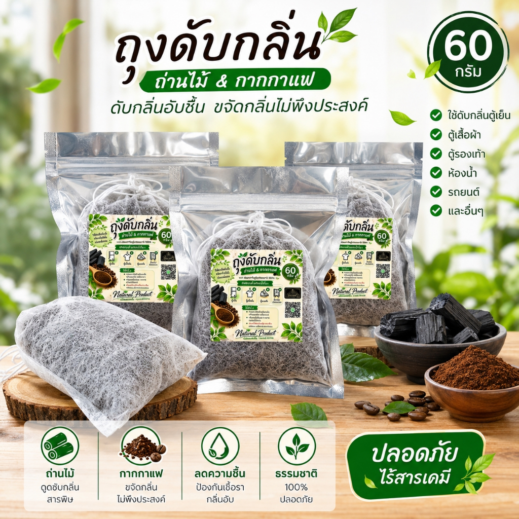 🔹️เพิ่มปริมาณ🔹️ถุงดับกลิ่น 60 กรัม (ถ่านไม้ & กากกาแฟ) ใช้ดับกลิ่นตู้เย็น ตู้เสื้อผ้า ตู้รองเท้า ห้องน้ำ ฯลฯ ใช้ดับกลิ่น