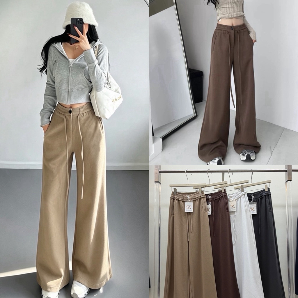 Gang_jeans#9275(K)กางเกงวอร์มขายาวทรงกระบอก เชือก+กระดุมหน้า เอวยางยืด ผู้หญิง พร้อมส่ง