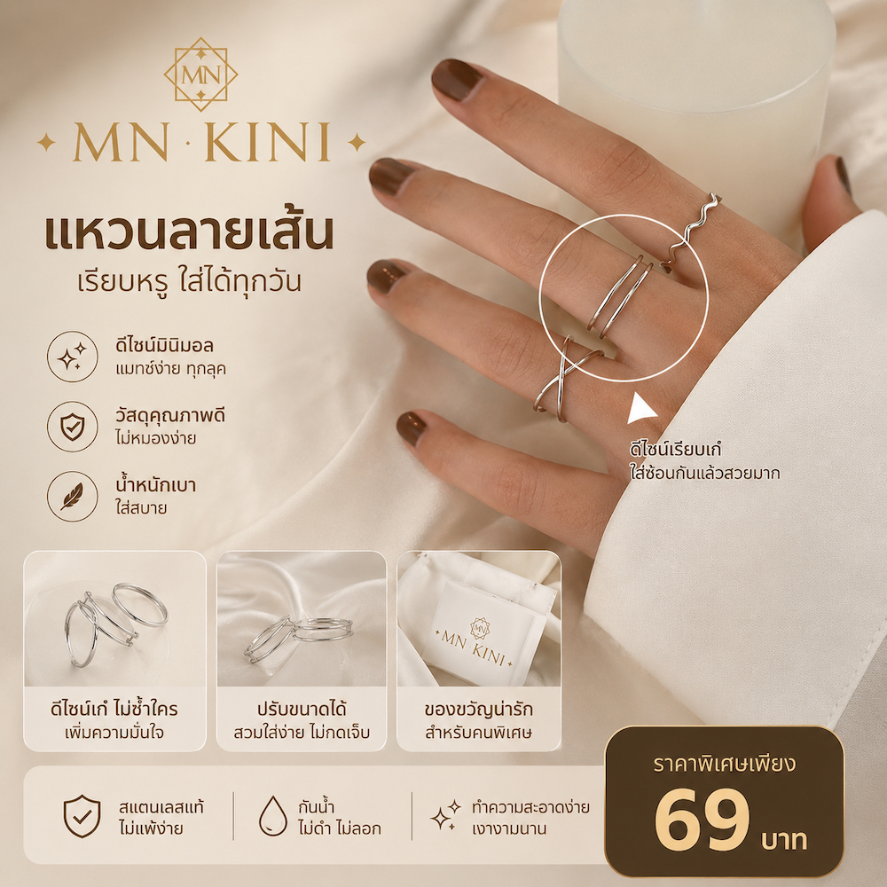 แหวนเปิดดีไซน์เรขาคณิต สไตล์เกาหลี เท่มีสไตล์ ใส่ได้หลายลุค MN KINI S-622