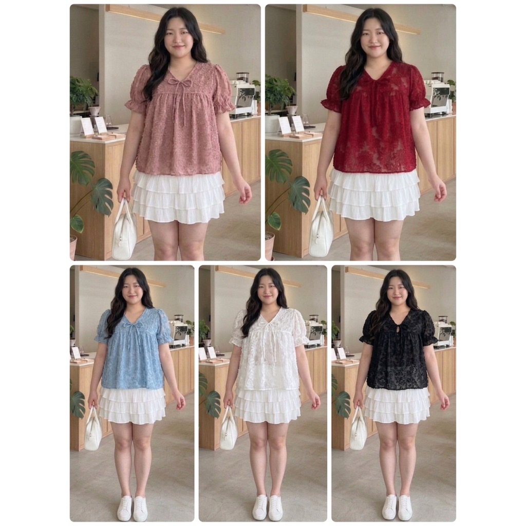 RN710.เสื้อสาวอวบผ้าลูกไม้ฟรุ้งฟริ้ง คอวีแขนตุ๊กตา อก38-48“