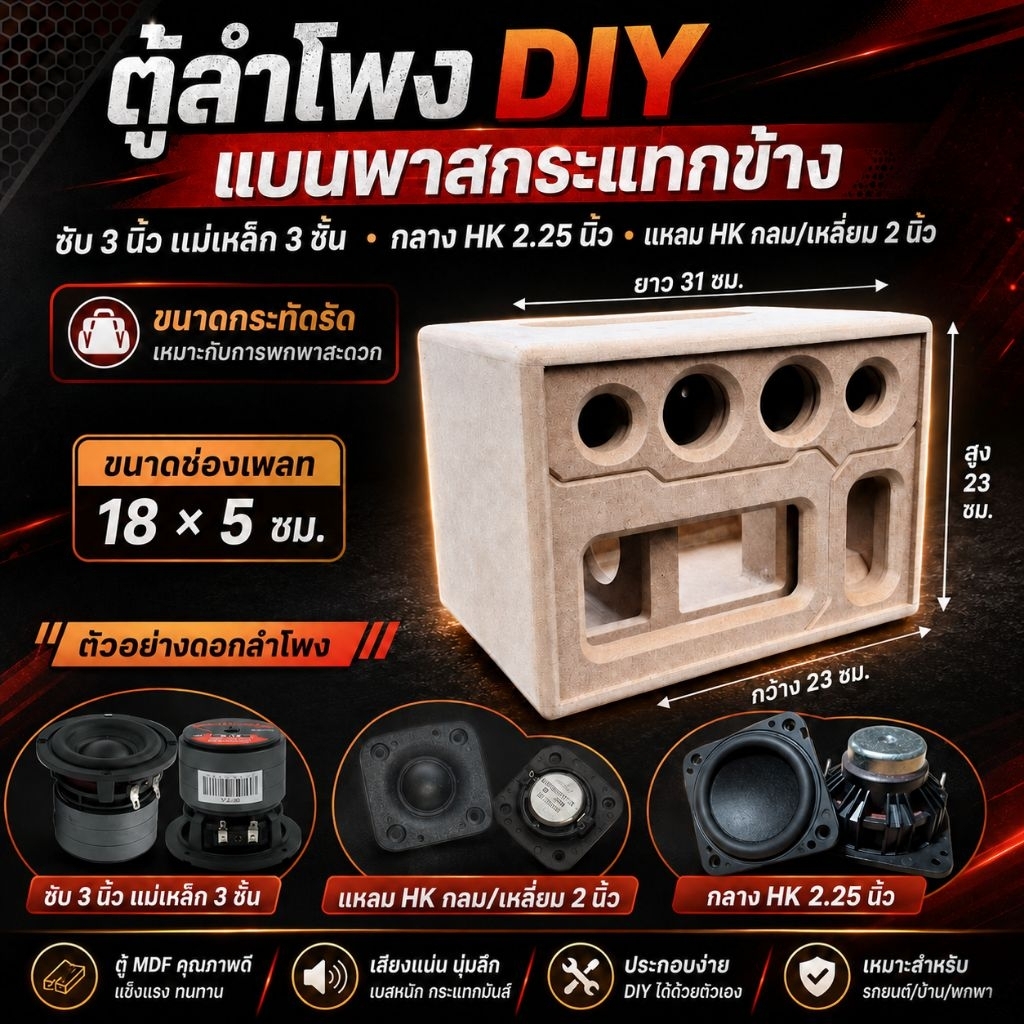 ตู้ลำโพง DIY แบนพาสกระแทกข้าง 3 นิ้ว แม่เหล็ก 3 ชั้น กลาง HK 2.25 นิ้ว แหลม HK กลม 2 นิ้ว