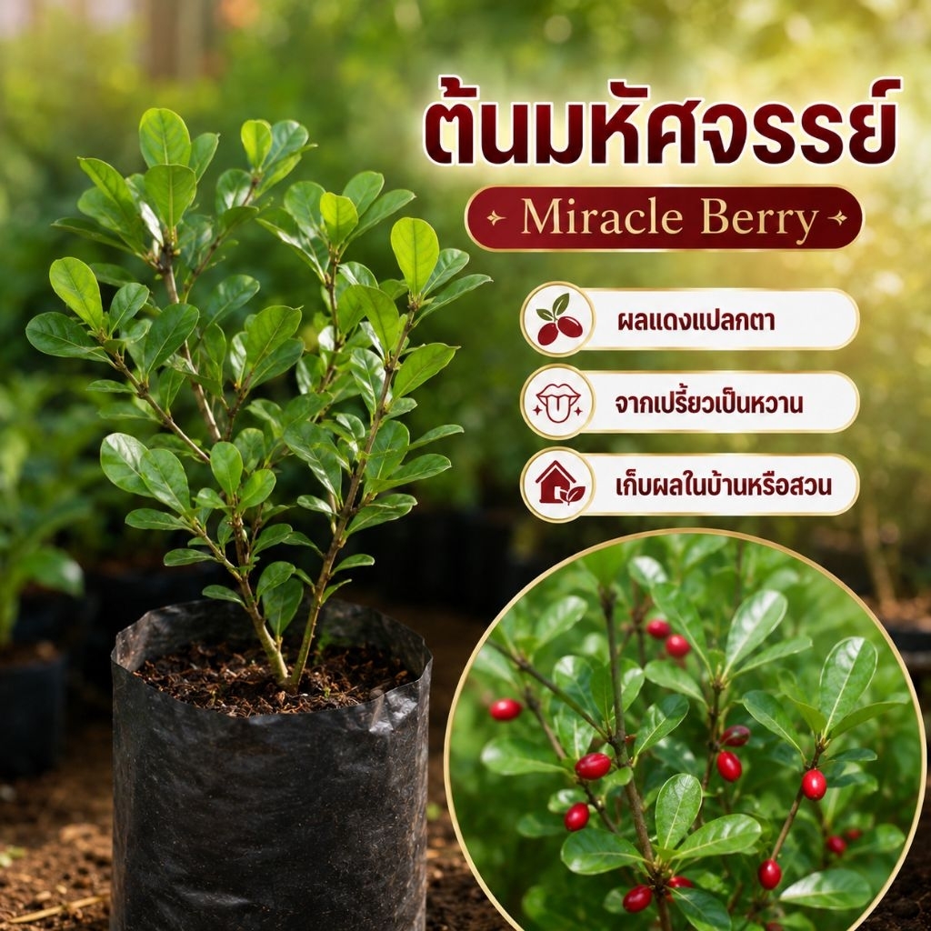 ต้นมหัศจรรย์สูง50-60เซน Miracle Berry มิราเคิลฟรุต ผลแดง จากเปรี้ยวเป็นหวาน ไม้ผลแปลกน่าปลูก ปลูกไว้