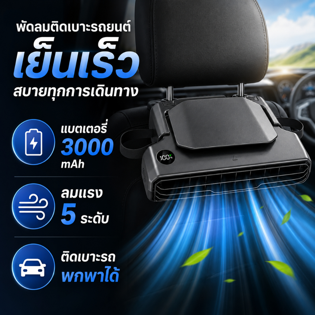 พัดลมเบาะหลัง พัดลมระบายความร้อน5 ระดับความเร็ว ความจุ 30000mAh พร้อมพอร์ต USB เหมาะสำหรับรถ SUV, RV และเป็นพัดลมพกพาในร