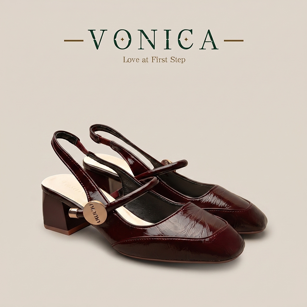 VONICA รองเท้าแตะผู้หญิง หนังเงาสีแดง หัวเหลี่ยม ส้นตัน สไตล์คลาสสิกหรูหรา