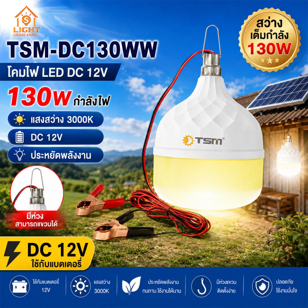 หลอดไฟ DC 12V LED 130W ไฟคีบแบตเตอรี่ แสงขาว 3000K สายยาว 3 เมตร ไฟฉุกเฉิน ไฟตลาดนัด ไฟแคมป์ปิ้ง ไฟตกปลา หลอดไฟพกพา