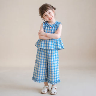 Hania kids พร้อมส่ง ชุดเซ็ตลายสก็อตสีฟ้า+กางเกงขายาว เสื้อผ้าเด็ก- K4125260