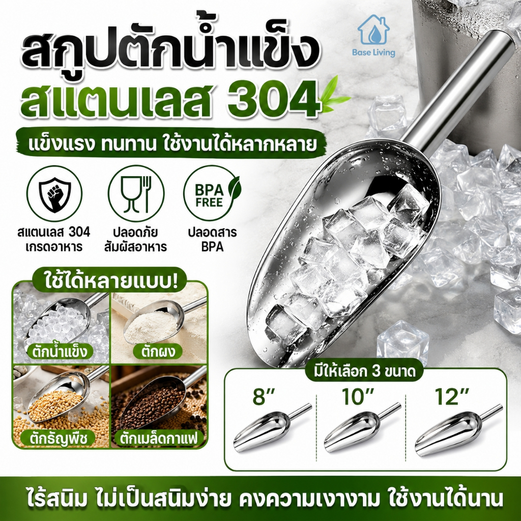 สกู๊ปตักน้ำแข็ง สแตนเลส 304 เกรดอาหาร เงางาม ไม่เป็นสนิม ใช้ตักน้ำแข็ง เมล็ดกาแฟ ธัญพืช แป้ง มี 3 ขนาด