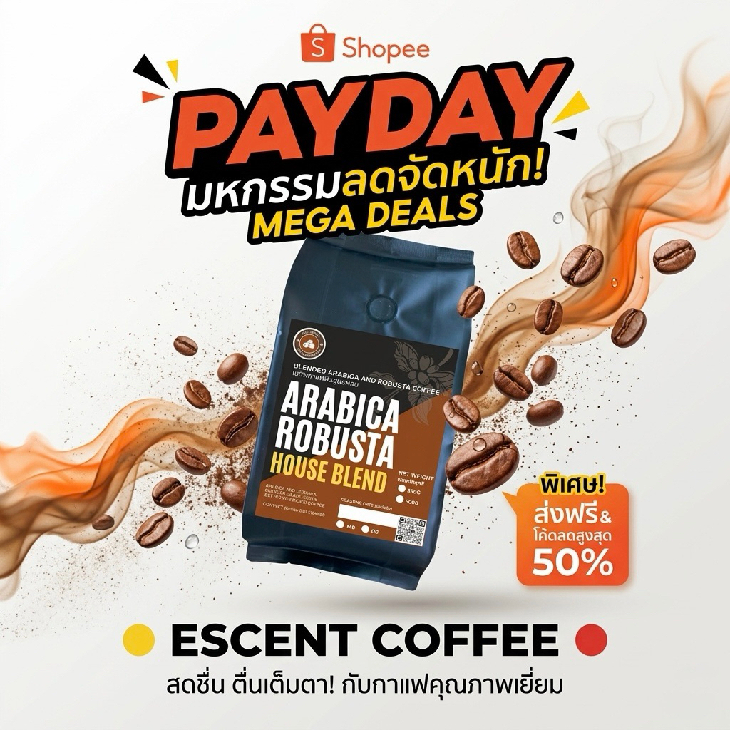 เมล็ดกาแฟสูตรผสมอาราบิก้าโรบัสต้า-คั่วเข้ม สูตร DB 1 กิโลกรัม(500 กรัม จำนวน 2 ถุง)
