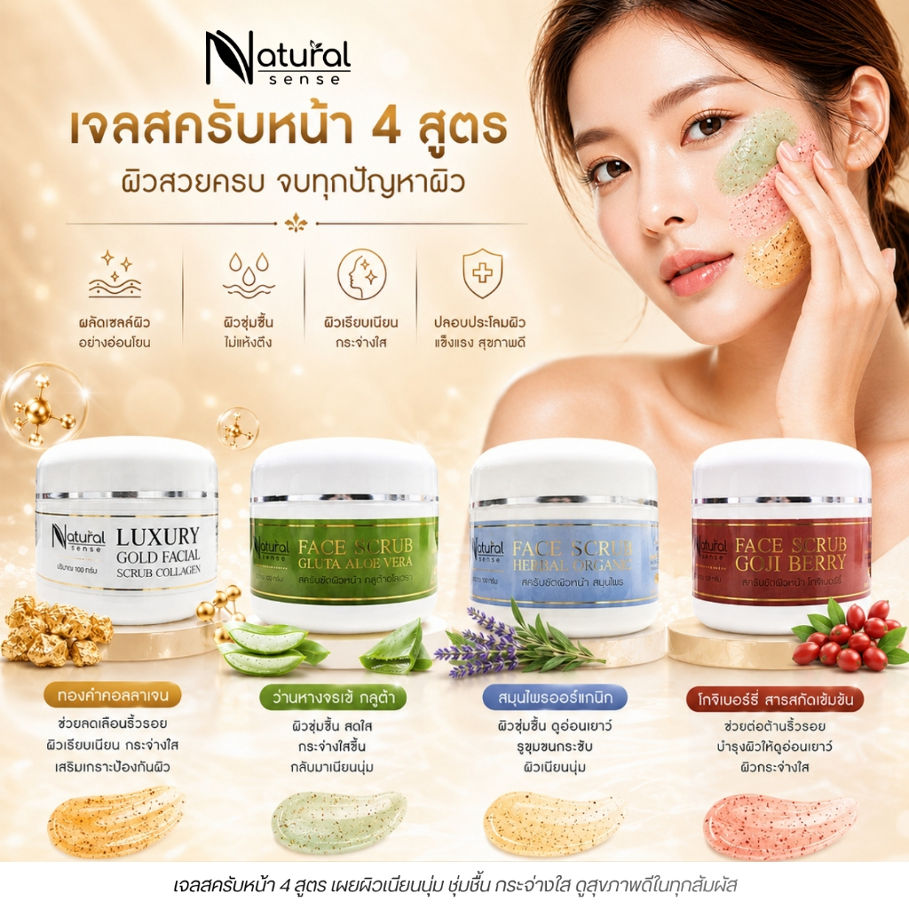 เจลขัดหน้า 4 สูตร (สูตรสปา) เม็ดละเอียดไม่บาดผิว ช่วยผลัดเซลล์ผิวให้ดูขาวกระจ่างใส Face Scrub 100g.