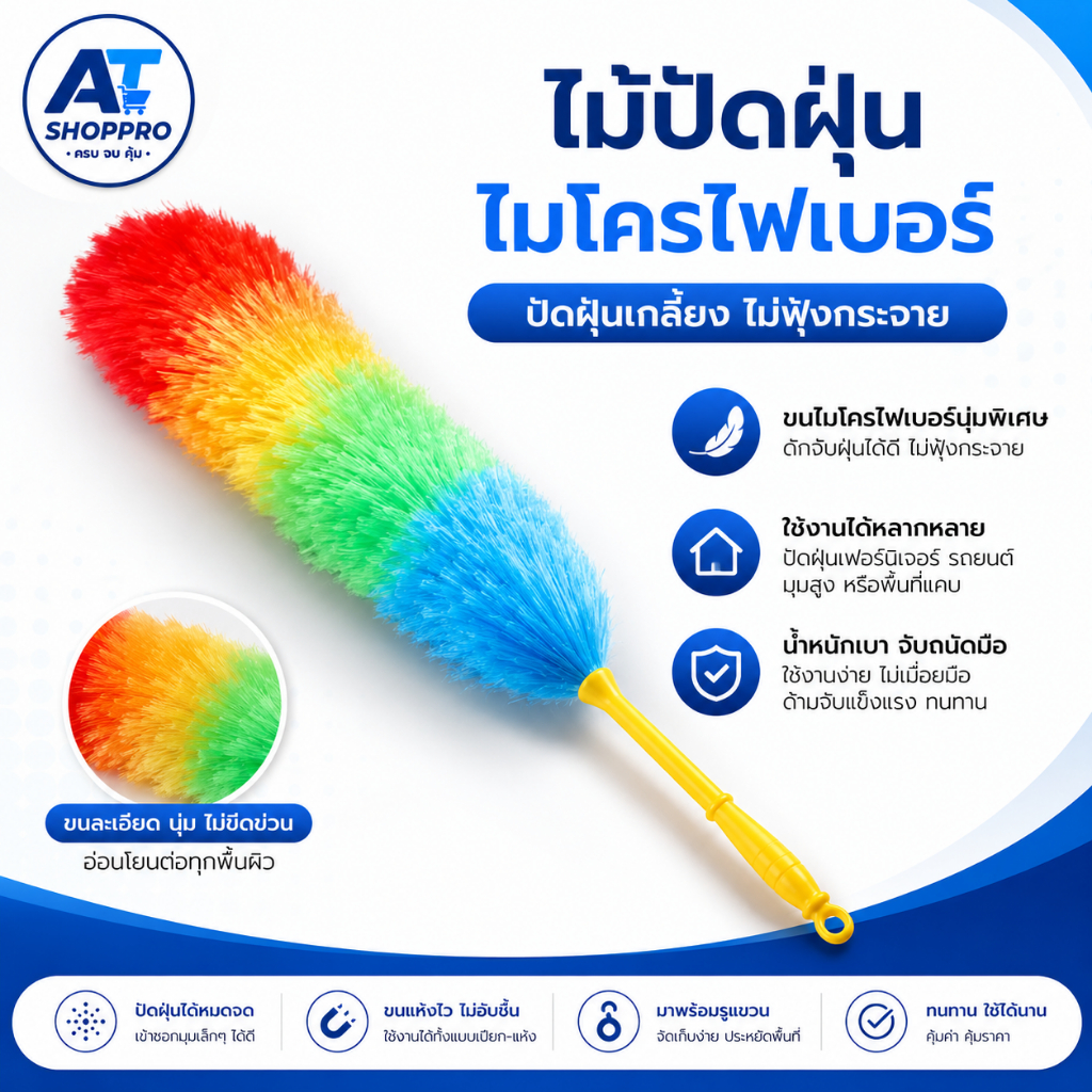 AT.SHOPPRO ไม้ปัดฝุ่นขนไก่สีรุ้ง  ไม้ปัดฝุ่นขนฟู ดักจับฝุ่นได้ดี อุปกรณ์ทำความสะอาดอเนกประสงค์ ใช้ในบ้าน ในรถยนต์