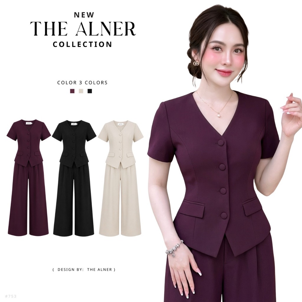 Thealner-AN753 เซตเสื้อคอวีแขนสั้นแต่งกระเป๋ากางเกงขายาว