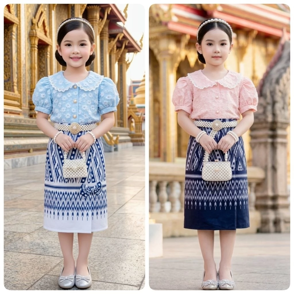 ชุดไทยเด็ก รุ่นเช็ตเสื้อครอปคอบัว+ผ้าถุงผ้าฝ้ายสำเร็จรูป