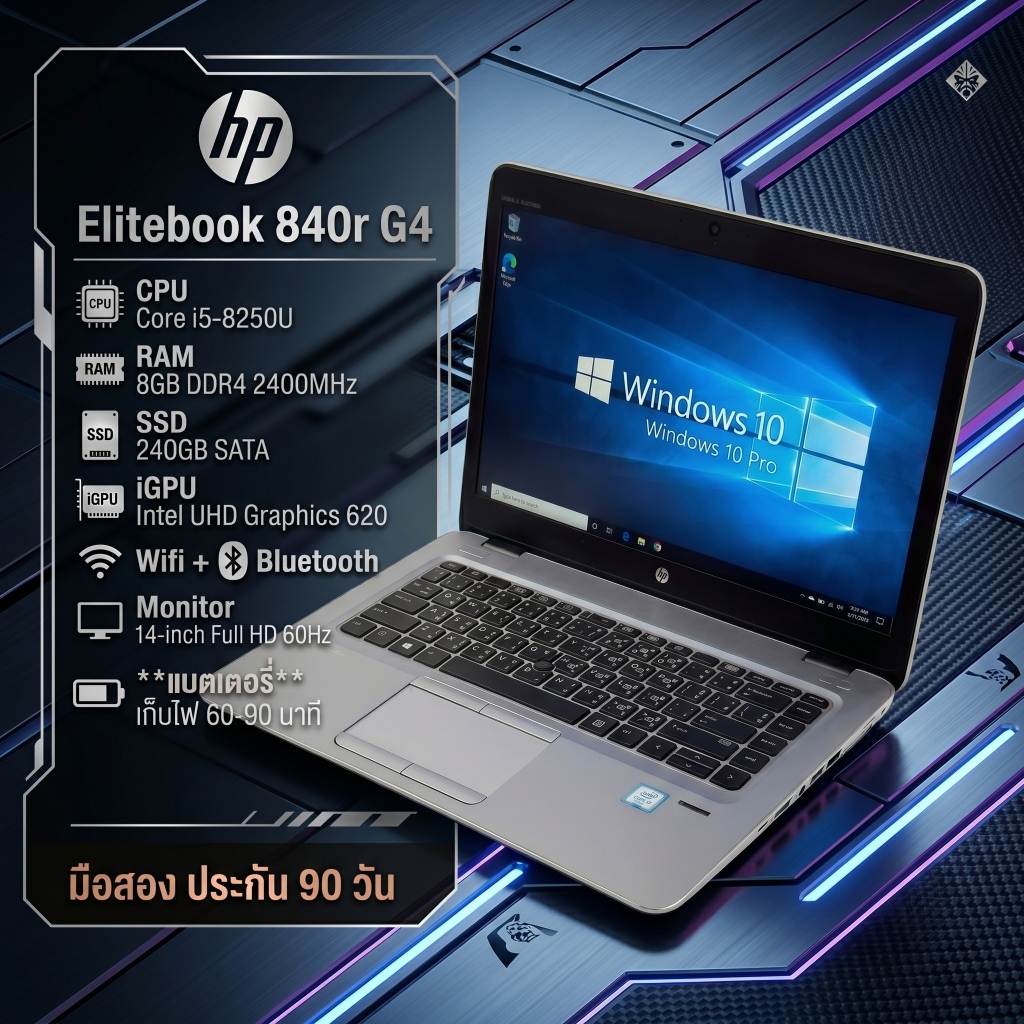 โน๊ตบุ๊คมือสอง HP Elitebook 840r G4 i5-8250U RAM 8GB SSD 240GB จอ 14" FHD ประกัน 90 วัน