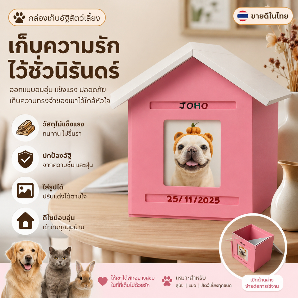 โกศสัตว์เลี้ยงบ้านชมพู ที่เก็บกระดูกสัตวเลี้ยง กล่องเก็บกระดูกน้องหมา พร้อมช่องเขียนชื่อสุดน่ารัก