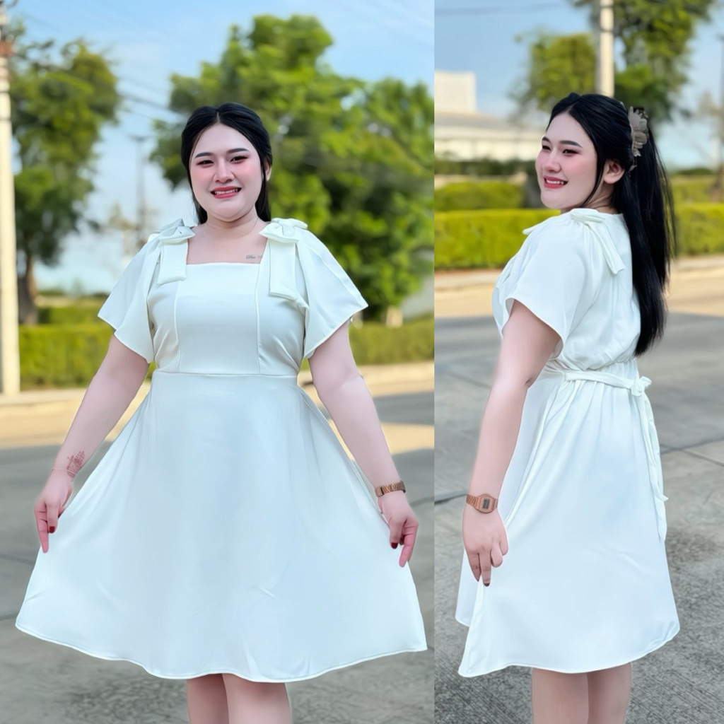 S162เดรสคอเหลี่ยมโบว์ไหล่แขนสั้น ผ้าบาร์บี้ มีไซส์L XL 2XL รอบอก40-60นิ้ว ความยาว40-42นิ้ว ใส่เที่ยวหรือออกงานได้