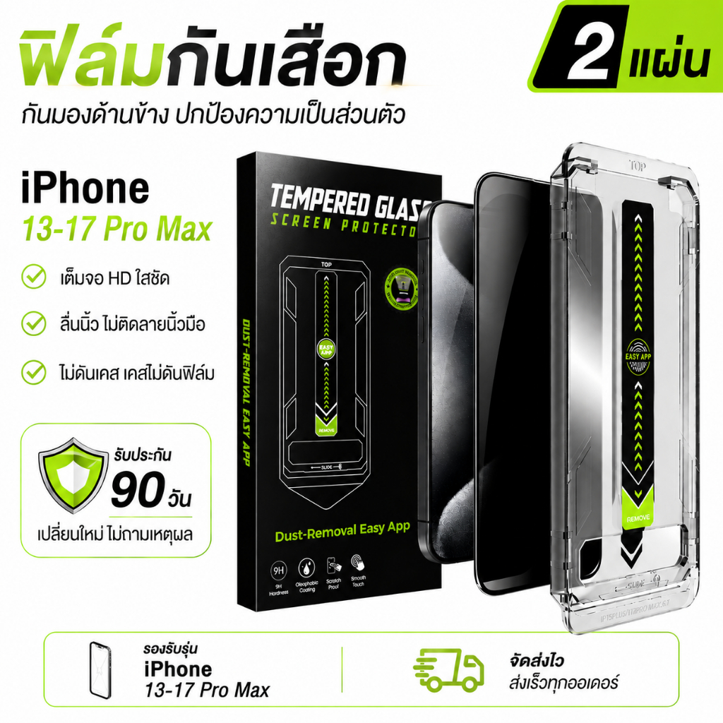 【2 แผ่น】ฟิล์มกันเสือก iPhone 13/14/15/16/17 Pro Max HD เต็มจอ ใสชัด กันมองด้านข้าง ลื่นนิ้ว ไม่ดันเคส แถมประกัน 90 วัน