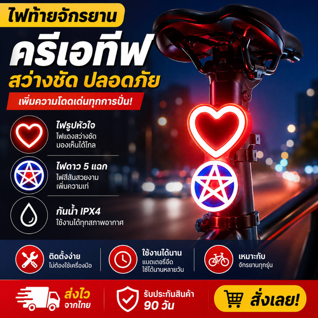 ไฟท้ายจักรยาน ครีเอทีฟ ทรงหัวใจ ดาว สว่างสูง ไฟเตือนจักรยานกลางคืน กันน้ำ 100% ชาร์จ USB