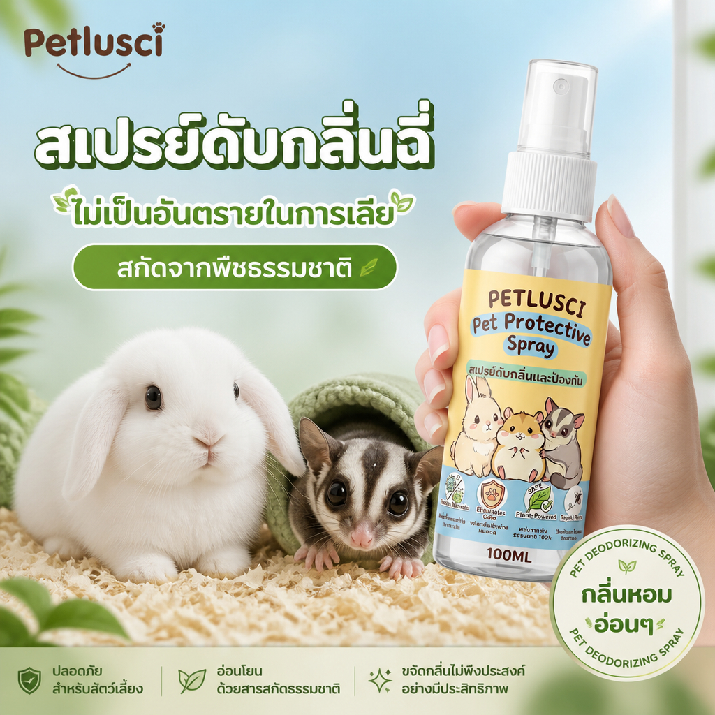 PETLUSCI สูตรธรรมชาติ กำจัดเห็บหมัด ไรฝุ่น ปลอดภัย อ่อนโยน 100ml สำหรับหนูแฮมสเตอร์ กระต่าย ชูการ์ไรเดอร์