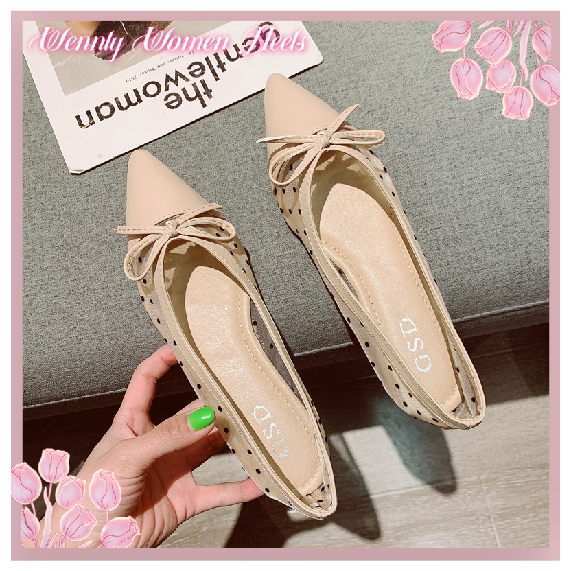 รองเท้าแตะส้นแบนแบบตาข่ายระบายอากาศ ลายจุด ปลายแหลม หนังนุ่ม สไตล์คลาสสิก สวมข้างนอกได้