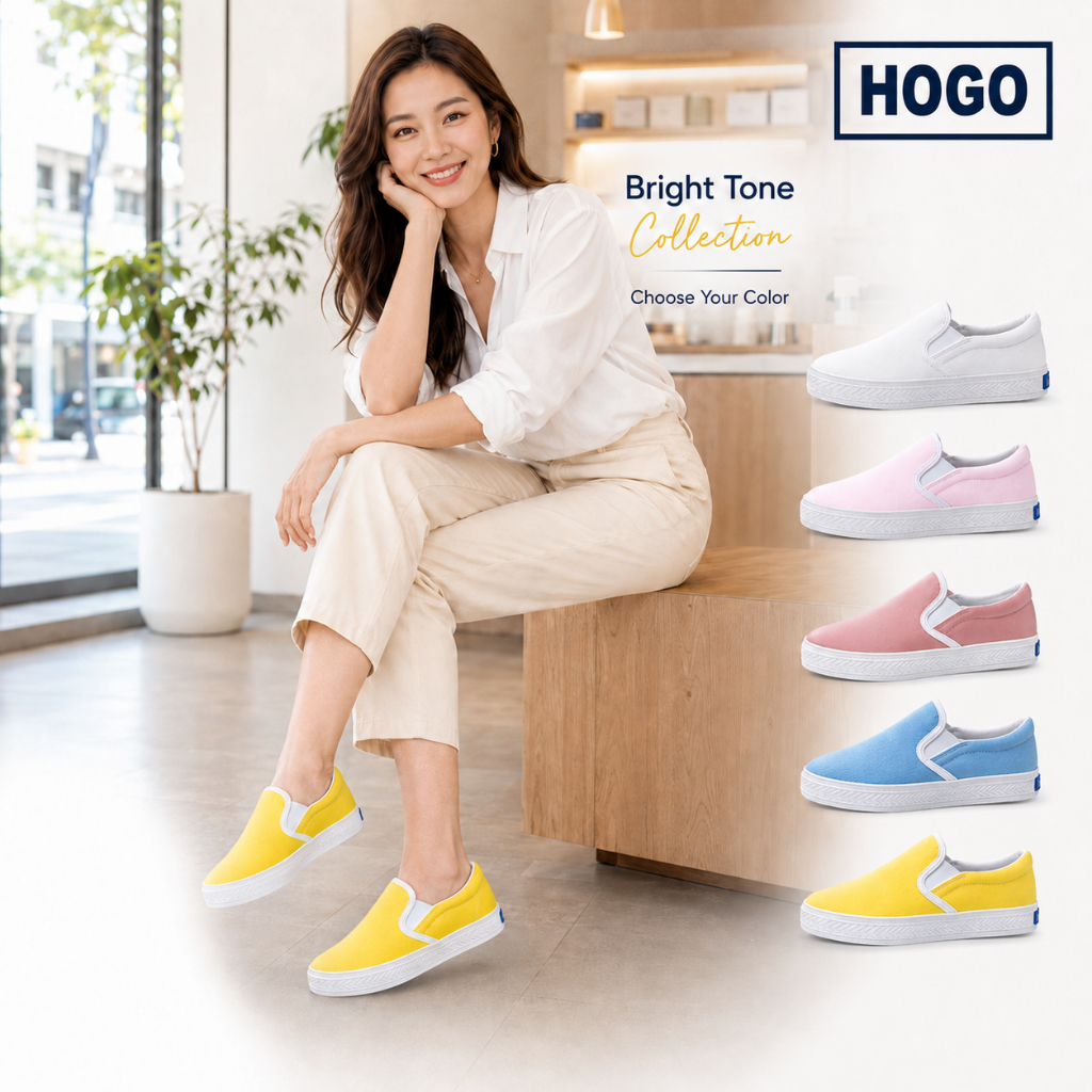 Hogo รองเท้าผ้าใบ แบบสวมสีสดใส ใส่ง่าย เบา เดินสบาย พื้นยางกันลื่น เหมาะสำหรับนักเรียนนักศีกษา คนทำงานที่ต้องเดินทั้งวัน