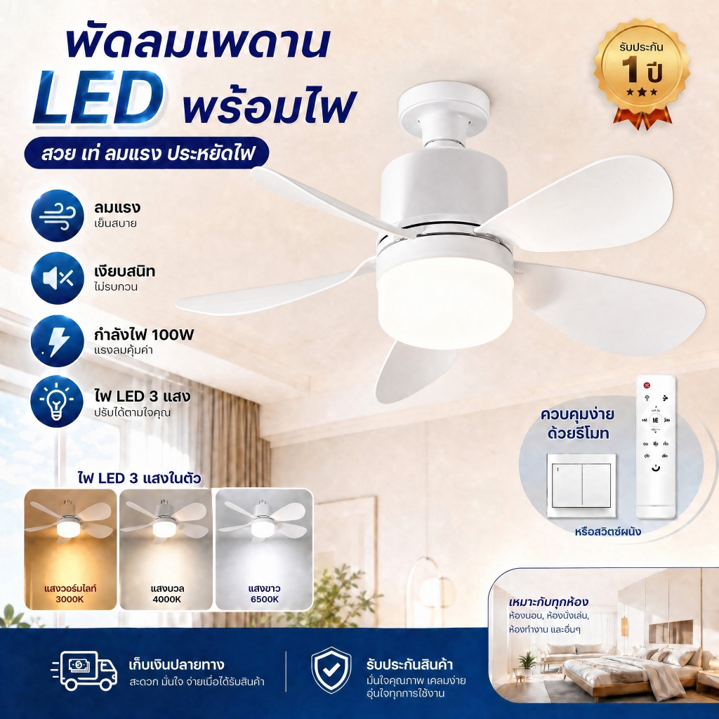 100W E27 พัดลมเพดาน LED ถอดออกได้ พร้อมรีโมทคอนโทรล 3 สีไฟและ 3 ระดับความเร็วพัดลมให้เลือก