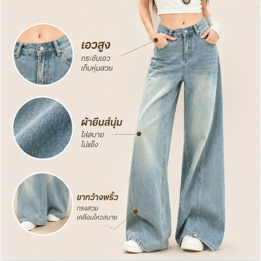 กางเกงยีนส์ผู้หญิงเอวสูง สีฟ้าอ่อน ขากว้าง ทรงหลวม ใส่สบาย ยืดหยุ่น สไตล์เกาหลี แมทช์ง่าย ใส่เที่ยว ลุคสาวเท่ ทุกโอกาส