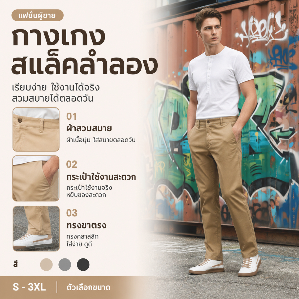 กางเกงชิโน่ผู้ชายขายาว ผ้าฝ้าย Cotton ทรงตรง สีกากี ใส่สบาย ระบายอากาศ ใส่ทำงาน ใส่เที่ยว ลุคสุภาพ แมทช์ง่าย ทุกวัน