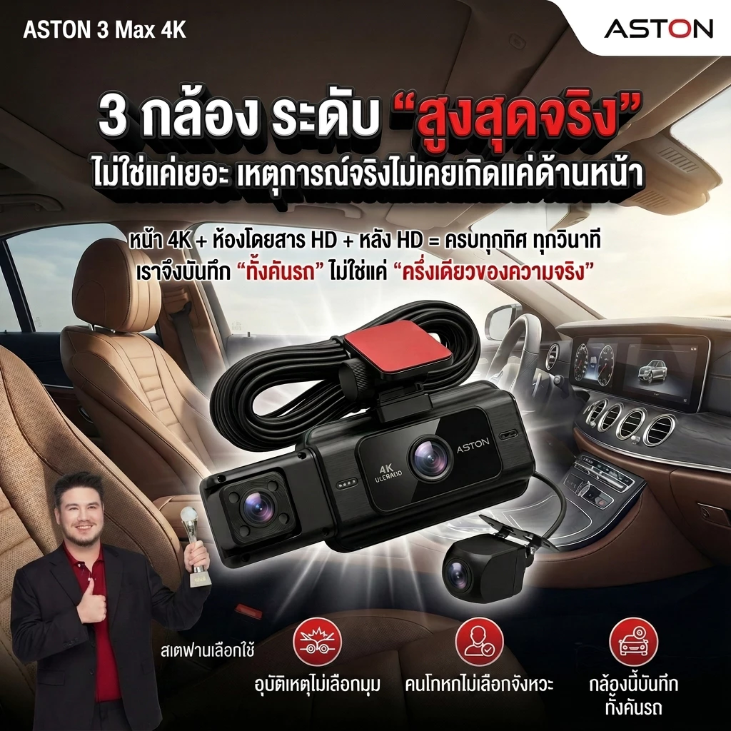 [3กล้อง4K] Aston 3 Max 4K กล้องติดรถยนต์ 3 กล้อง ความชัด4K หน้า-กลัง-ห้องโดยสาร บันทึกขณะจอด บันทึกวนซ้ำ  รับประกัน 1 ปี thumbnail 7