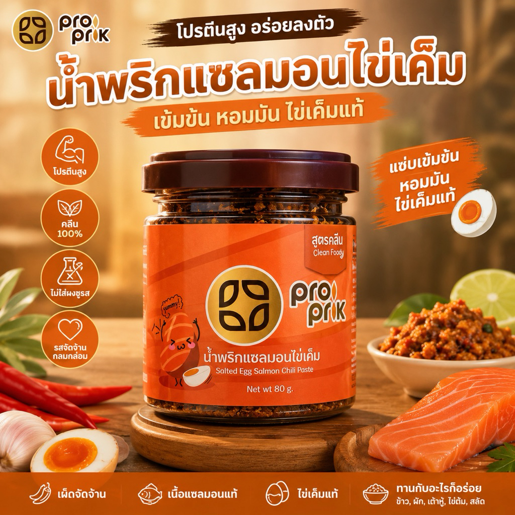 น้ำพริกแซลมอนไข่เค็ม ไม่ใส่สารกันเสีย ไม่มีผงชูรส อบสลัดน้ำมัน