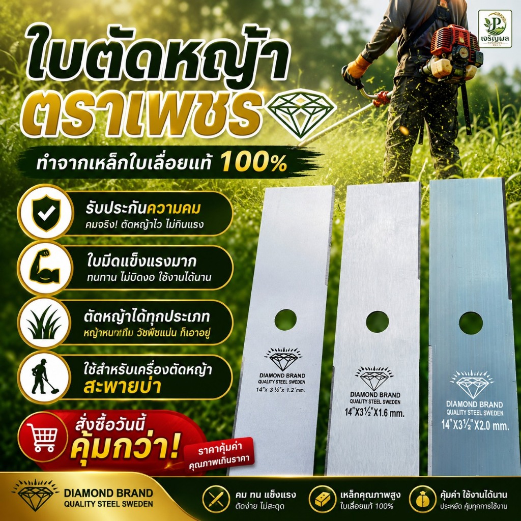 ใบมีดตัดหญ้า ตราเพชร รุ่นหนา 2 มิล มีขนาด 12 14 16 18นิ้ว ตราเพชรใบมีดคมแข็งแรงพิเศษสามารถลับคมได้
