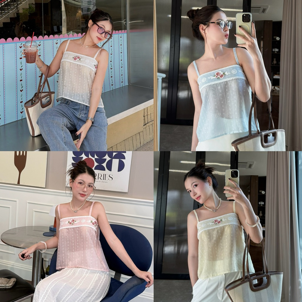 M39-🌷 Rosy Lace Cami 🌷 สายเดี่ยวผ้าปักลายดอกสุดละมุน ฟีลสาวเกาหลีลูกคุณ ✨ ดีเทลปักดอกกุหลาบช่วงอก