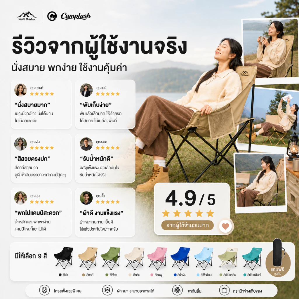 เก้าอี้แคมป์ปิ้ง เก้าอี้พับ แบบพกพา ปิคนิค พร้อมกระเป๋าจัดเก็บ รับน้ำหนักได้ 300กก มีหลายสี thumbnail 7