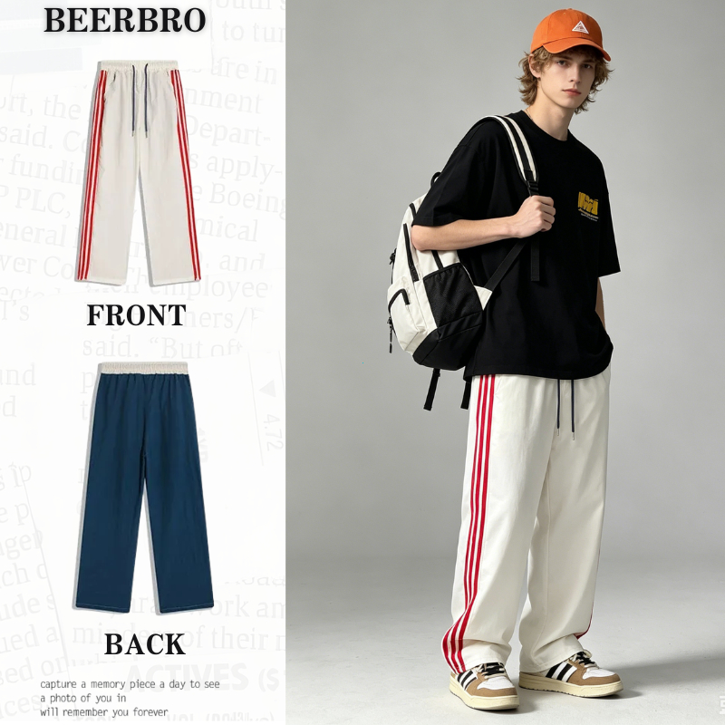 beerbroth-กางเกงขายาวผ้าไหมน้ำแข็งแห้งเร็วสำหรับผู้ชาย ลายสามแถบ สไตล์อเมริกัน ทรงขาตรง ทรงหลวม ลำลอง สำหรับฤดูร้อน